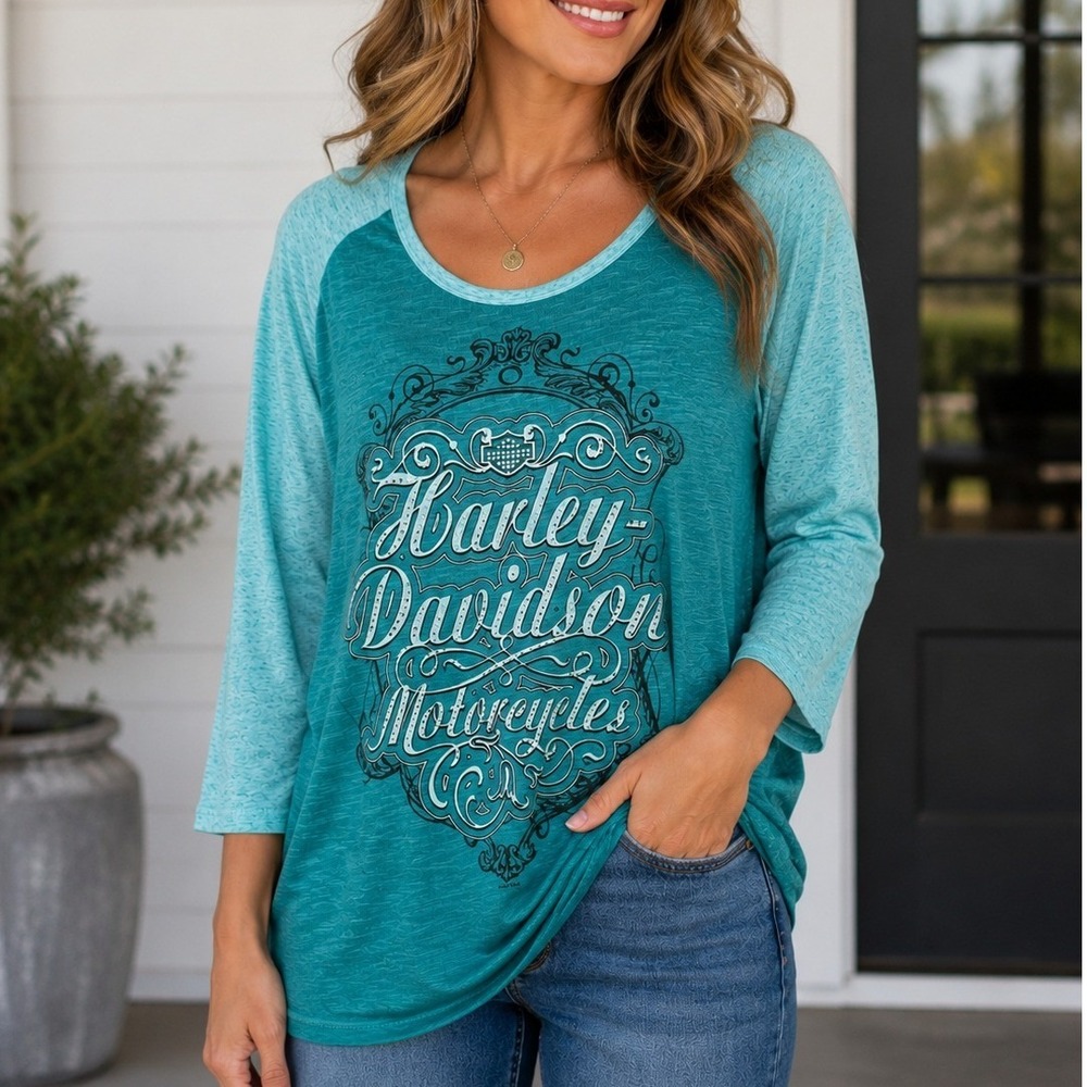 Harley-Davidson Voodoo New Orleans Bling Raglan Tee Peacock Blue Large NWT Large
